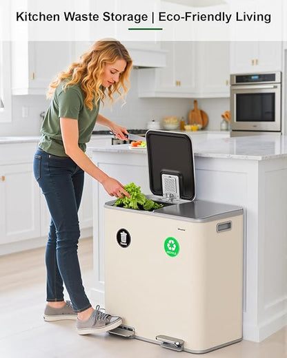Lovewind 2×11.5 Gallon Dual Trash Can, Stainless Steel Dual Garbage and Recycling Can with Foot Pedal, 90° Stay-Open Lid, Large Dual Compartment Trash Recycling Bins Kitchen, Apricot