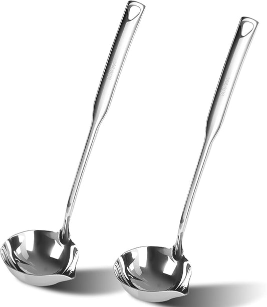 2 Pcs Kitchen Soup Ladle 304 Stainless Steel Punch Metal Luminous Heavy Ladell Spoons With Pour Spout Gravy Ladles for Serving,Cooking,Canning,Sauces,Gravy,Stews