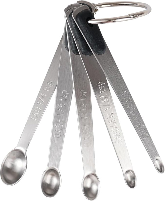 Mini Measuring Spoons Set, Tiny Stainless Steel Measure Teaspoons with Black Silicone Handle, Suitable for Small Amount of Dry or Liquid Ingredients and Spices (1/64, 1/32, 1/16, 1/8, 1/4 tsp) by BERYLER