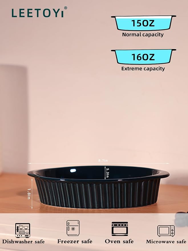 LEETOYI Porcelain Small Oval Au Gratin Pans, Baking Dish Set for 1 or 2 person servings, Bakeware with Double Handle for Kitchen and Home, Set of 2 (Navy) - Image 5