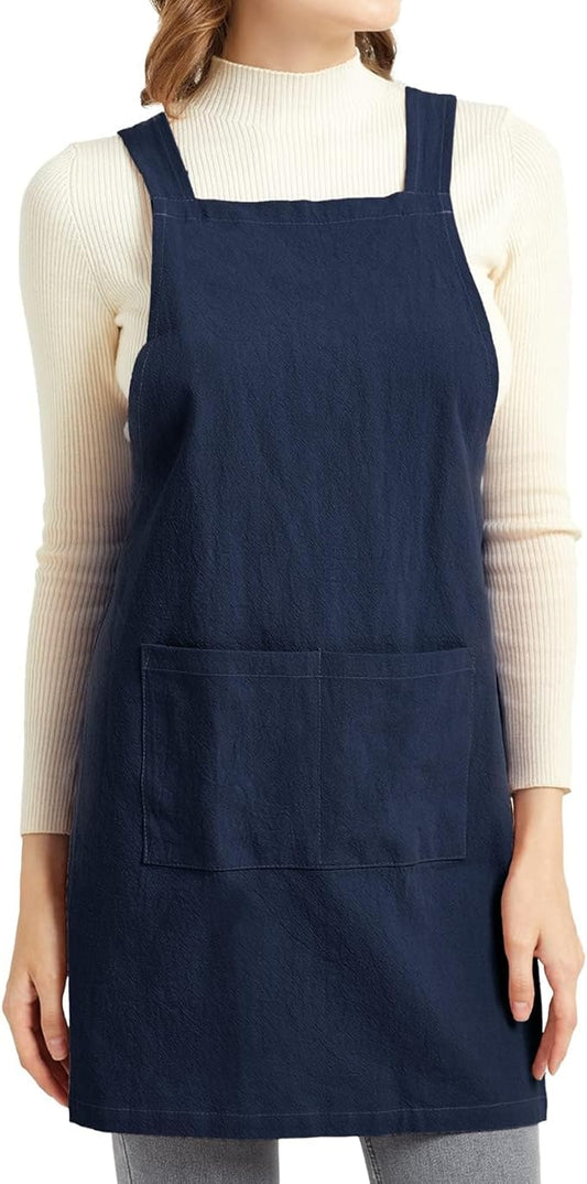 ELEZAY Aprons for Women with Pockets Plus Size Comfort Cross Back No Tie Cotton Linen Apron Pinafore