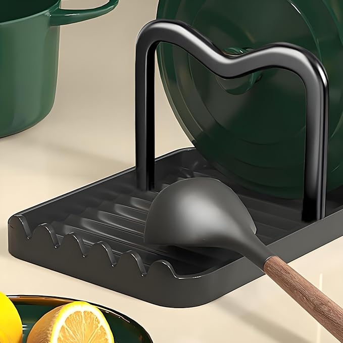 Spoon Rest with Lid Holder, Stainless Steel Lid Holder While Cooking & Organizer with Detachable Drain Tray, Anti-Rust Countertop Space Saver for Spoons, Spatulas (Black) - Image 2