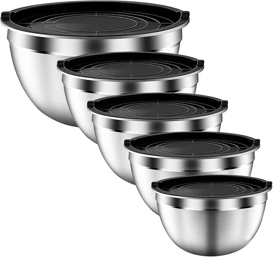 Mixing Bowls with Airtight Lids Set, 5 PCS Stainless Steel Black Nesting Bowls for Kitchen, Large Prep Metal Mixing Bowls for Kitchen, 5.5/4/3.5/2/1.5 QT for Mixing & Serving