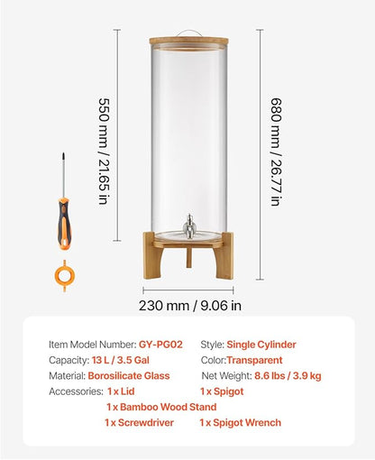 VEVOR Beverage Dispenser, 3.5 Gallon Drink Dispensers for Parties, Glass Juice Dispenser with Wood Stand, Stainless Steel Spigot, Iced Tea Lemonade Juice Water Dispensers for Parties