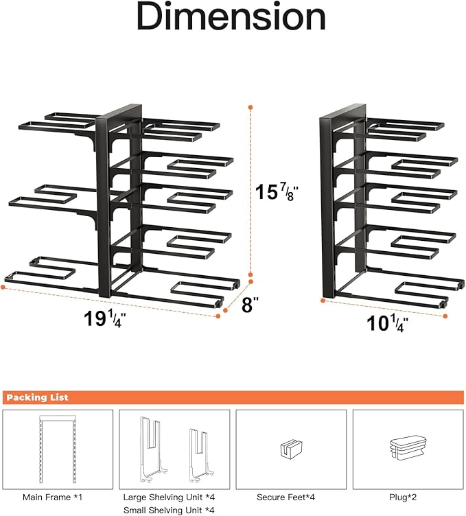 ORDORA Pots and Pans Organizer Rack for Cabinet, 15.83" Height 8-Tier Heavy Duty 120LBS Pot Pan Organizer under Cabinet Adjustable for Dutch Oven, Cast-iron Pan, Heavy Skillets Griddles, Shallow Pot - Image 4