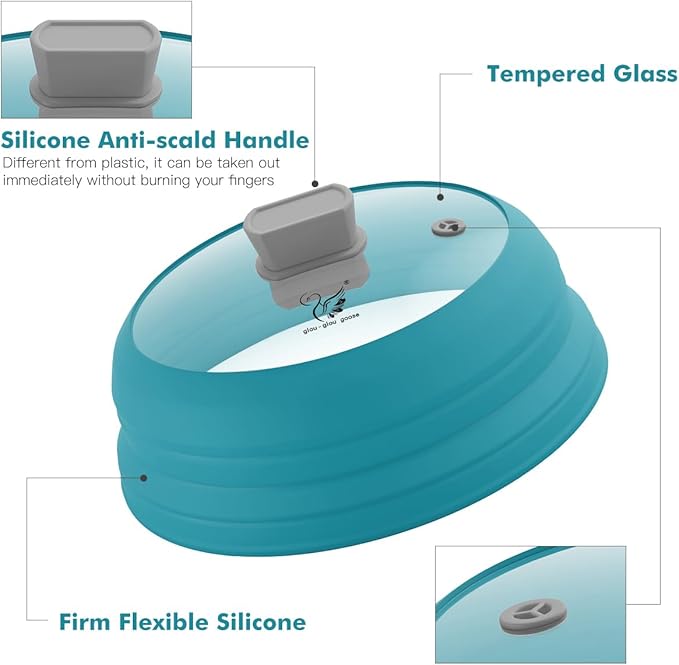Microwave Splatter Cover Glass Cover Splatter Guard Lid with Collapsible Silicone for Food Cover Plate Cover 10.8 inch Blue - Image 2
