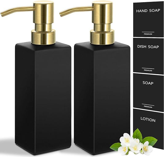 GMISUN Gold Soap Dispenser, Black Soap Dispenser Bathroom with Stainless Steel Pump, Hand and Dish Soap Dispensers Set for Kitchen, 12 fl oz/350ml Glass Liquid Refillable Lotion Dispenser Bottle by GMISUN