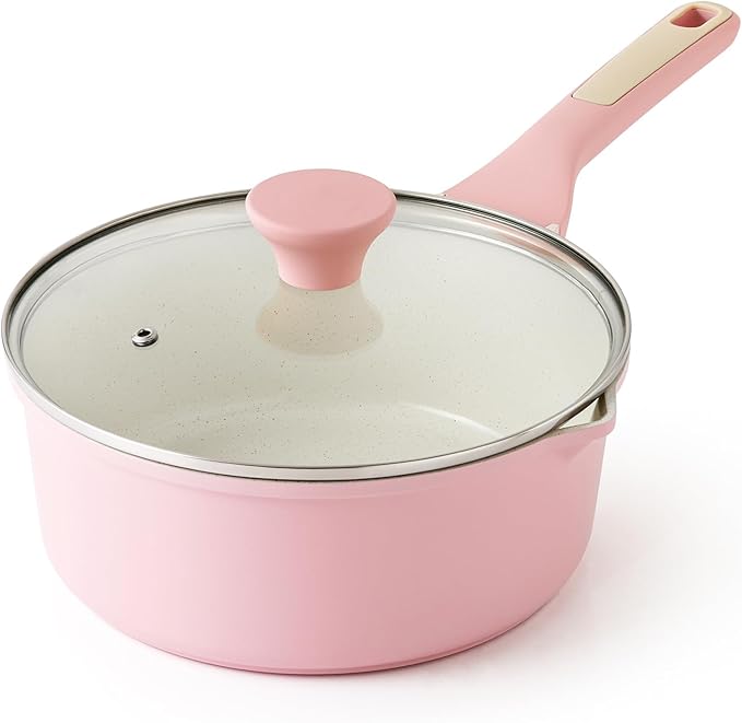 SENSARTE Ceramic Nonstick Saucepan with Double Pouring Spout 3.0 Quarts, Cooking Pot with Stay Cool Handle, Induction Compatible, Ceramic Coating, Free of Intentionally Added PFOA/PFAS, Pink