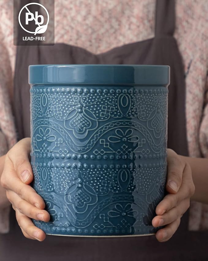 Fun Elements Kitchen Utensil Holder, 7.2" Super Large Utensil Crock Heavy and Stable Lace Emboss Ceramic Utensil Holder for Kitchen Counter (Grayish Blue) - Image 5