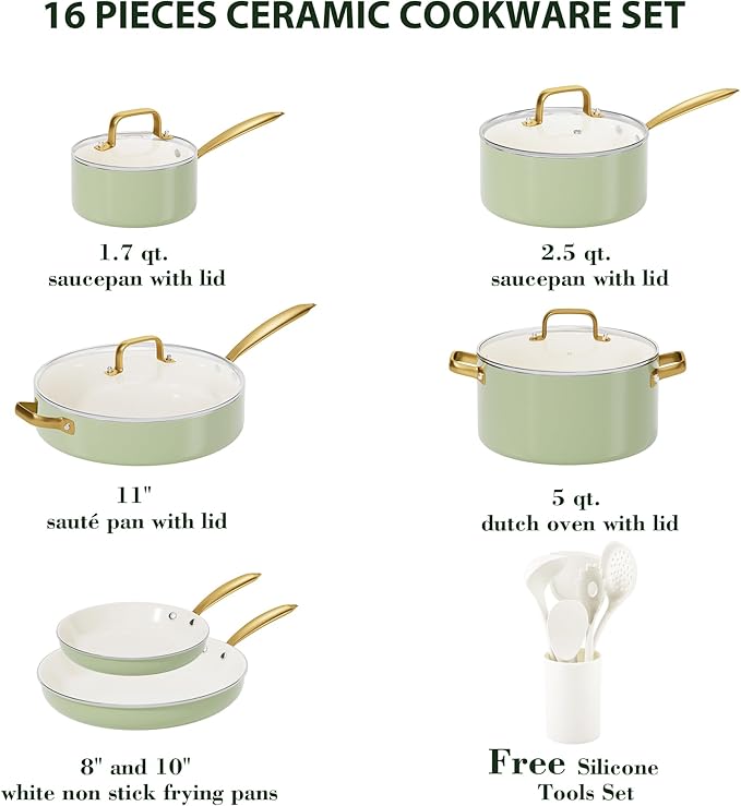 Pots and Pans Set Non Stick - VONIKI Ceramic Cookware Set with Cooking Utensils Set, Non Toxic Kitchen Cookware Sets Dutch Oven Pot with Lid Saucepan Set Sauté Pan Frying Pan Set for Cooking Gifts - Image 2