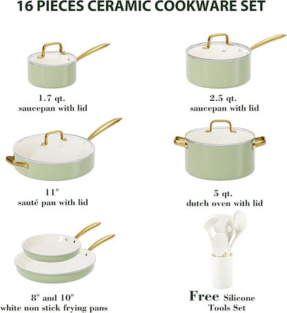 Pots and Pans Set Non Stick - VONIKI Ceramic Cookware Set with Cooking Utensils Set, Non Toxic Kitchen Cookware Sets Dutch Oven Pot with Lid Saucepan Set Sauté Pan Frying Pan Set for Cooking Gifts - Image 2