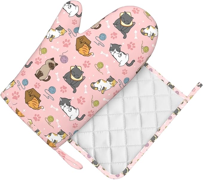 Cute Cats Oven Mitts and Pot Holders Sets Heat Resistant Non-Slip Silicone Oven Gloves Kitchen Accessories for Cooking Baking Grilling BBQ