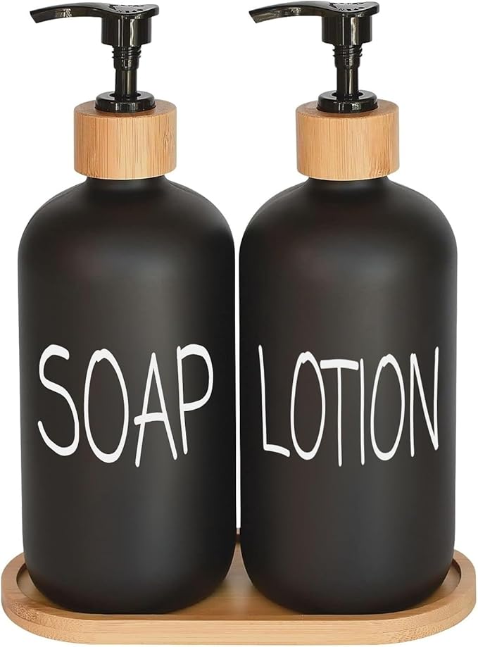 Black Soap Dispenser Bathroom Set, Set with Glass Dispenser, Bamboo Pumps & Tray. Hand and Lotion Suitable for Farmhouse Decor by DIDROOM