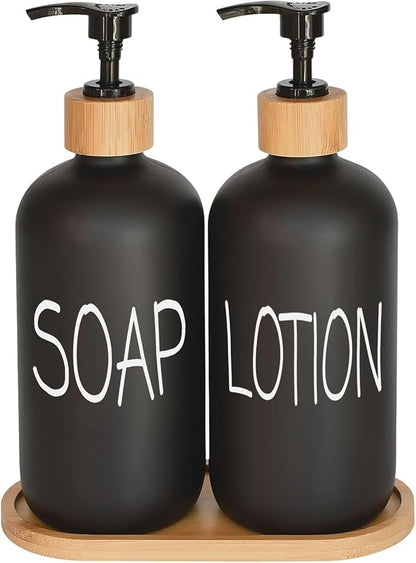 Black Soap Dispenser Bathroom Set, Set with Glass Dispenser, Bamboo Pumps & Tray. Hand and Lotion Suitable for Farmhouse Decor by DIDROOM