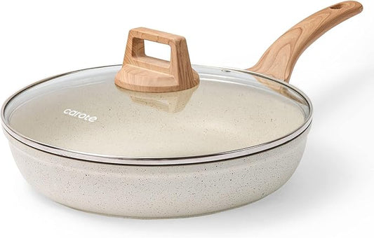 CAROTE Non Stick Frying Pan Skillet,10" Nonstick Fry Pan with Glass Lid, Egg Pan Omelet Pans, Granite Cookware PFOA Free White Granite, 10-Inch by CAROTE