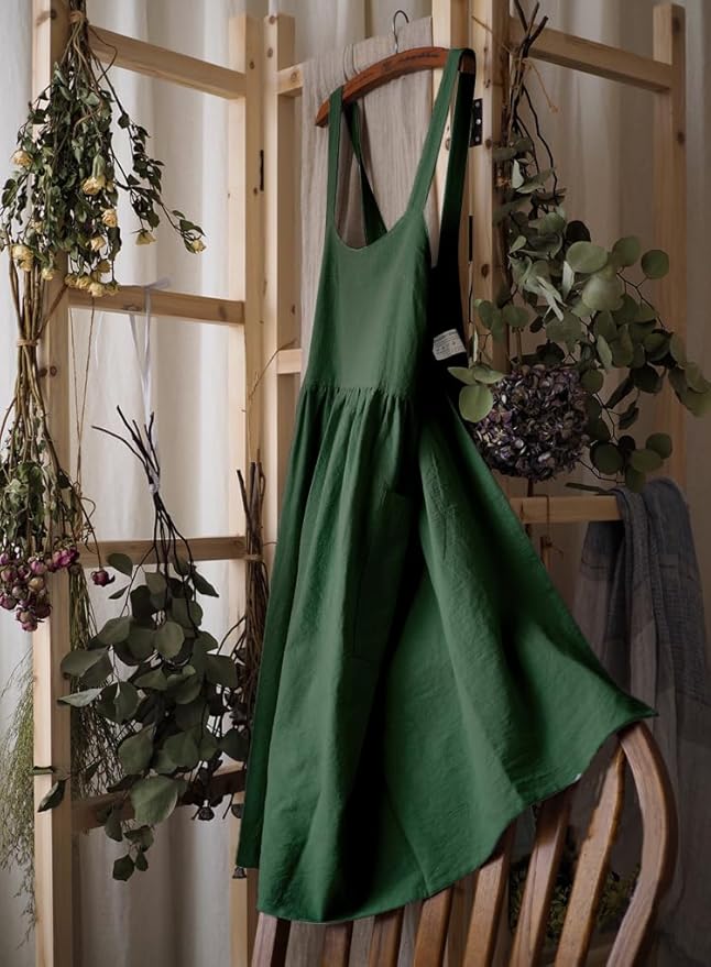 Uaussi Cotton Linen Apron Cross Back Work Apron for Women with Pockets Pinafore Dress X Cross Halter Apron for Chef Gardening - Image 2