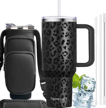 40oz Stainless Steel Double Vacuum Tumbler with Handle, Straw Lid, Carrier Bag, Purse Pouch Phone Pocket, Gym Water Bottle Travel Mug and Sleeve Holder for Men Women (Leopard Print Black)
