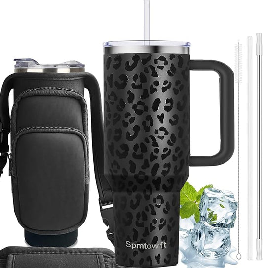 40oz Stainless Steel Double Vacuum Tumbler with Handle, Straw Lid, Carrier Bag, Purse Pouch Phone Pocket, Gym Water Bottle Travel Mug and Sleeve Holder for Men Women (Leopard Print Black)