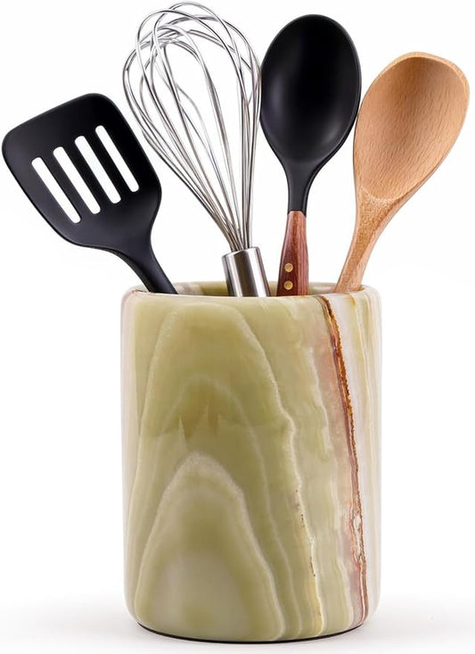 Marble Utensil Holder 6.5 Inch Green Wooden Cooking Utensils Set & Spatula Organizer for Kitchen Counter, Stone Utensil Crock & Caddy for Spoon Holder & Farmhouse Decor