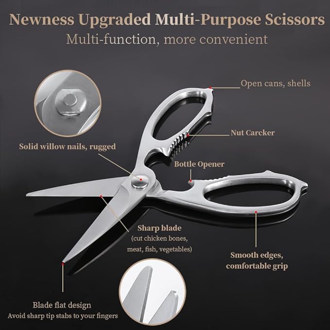 Newness Multi-Purpose Kitchen Scissors, Premium Stainless Steel Solid Kitchen Shears for Can Opener, Walnut Cracker, Heavy Duty Poultry Scissors with Sharp Blade for Cutting Turkey, Chicken, Bones - Image 5
