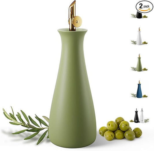 Ceramic Olive Oil Dispenser with Self-Closing Gold Spout - 530 ML Capacity Matte Green Ceramic Oil Dispenser for Kitchen - Leak Proof EVOO Dispensing Bottle - Stylish, Ergonomic, Durable, Easy Pour by HBDesignCo