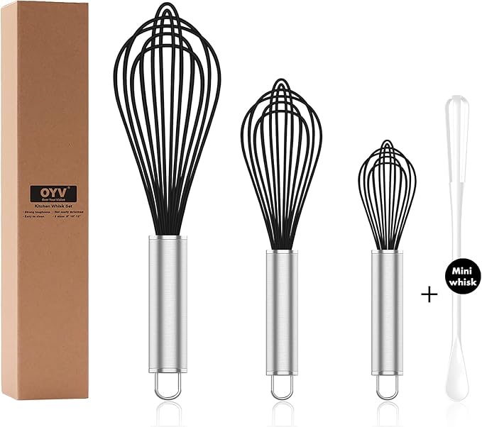 OYV Silicone Whisk,3 pack Professional whisks for cooking non scratch,Stainless Steel & Silicone wisk,plastic rubber whisk for nonstick cookware,small silicone whisk set,black by OYV