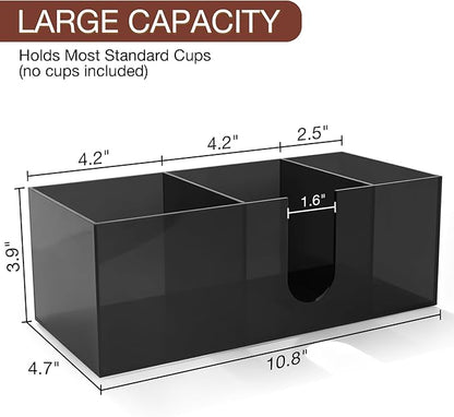 Acrylic Coffee Cup Holder for Countertop Breakroom, 3 Slots Acrylic Coffee Bar Accessories and Organizer+4 Anti Slip Silicone Pads, Clear Coffee Station Organizer for Cup Lid Straw, Grey