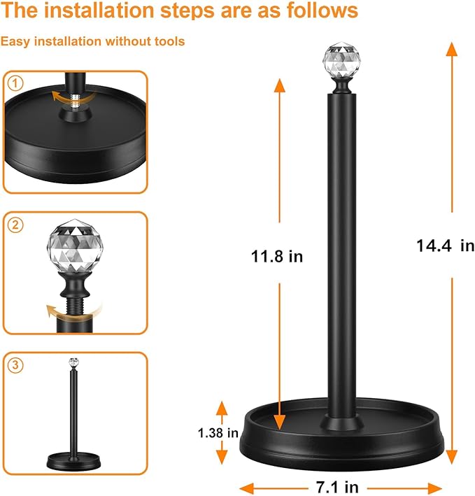 KASUNTO Crystal Head Paper Towel Holder - Steel Countertop Stand for Kitchen, Bars & Dining Tables - Fits Standard & Jumbo Rolls - Matte Black - Image 2