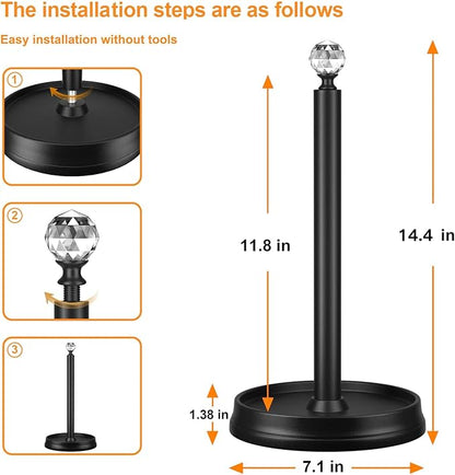 KASUNTO Crystal Head Paper Towel Holder - Steel Countertop Stand for Kitchen, Bars & Dining Tables - Fits Standard & Jumbo Rolls - Matte Black - Image 2