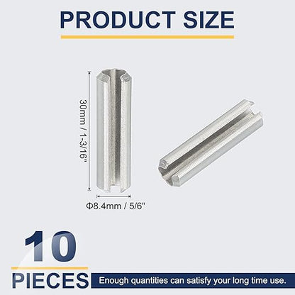 PATIKIL Slotted Spring Pin, 10 Pcs 5/16" x 1-3/16" (8.4mm x 30mm) 304 Stainless Steel Split Roll Pins Spring Dowel for Home Improvement Automotive Machine Repair, Silver