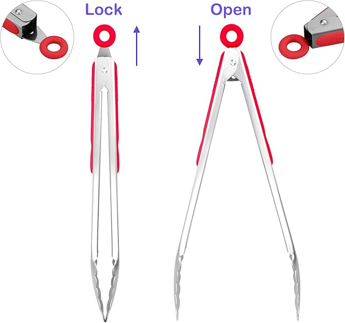 304 Stainless Steel Kitchen Cooking Tongs, 12" and 14" Set of 2 Sturdy Grilling Barbeque Brushed Locking Food Tongs with Ergonomic Grip, Red - Image 3