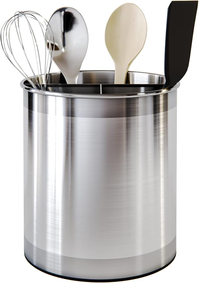Cooler Kitchen Rotating Extra Large Stainless Steel Utensil Holder Caddy with Sturdy No-Tip Weighted Base, Removable Divider, and Gripped Insert Bottom -Dishwasher Safe Metal Cooking Utensil Holder - Image 7