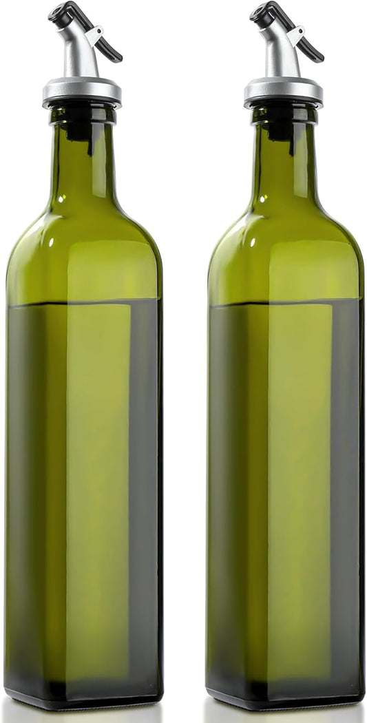 GMISUN Olive Oil Dispenser Bottle 2 Pack, Olive Oil Dispenser for Kitchen 17oz, Glass Cooking Soy Sauce Bottle Container Cruet with Plastic Pourer Spout, Green by GMISUN