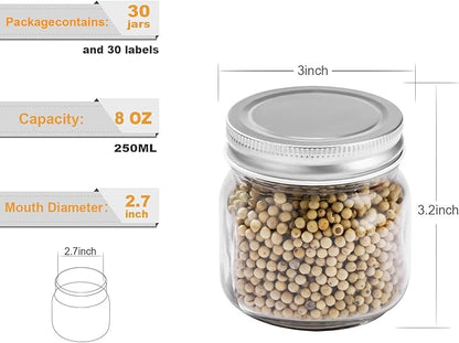 Mason Jars 8 oz 30 Pack- Small Mason Jars With Silver Lids -1/4 Quart Canning Jars| Storage Glass Jars With Lids For Jelly, Jam, Honey, Pickles - Spice Glass Jars - With 30 Chalkboard Labels - Image 4