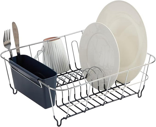 Dish Drying Rack & Cutlery Holder 2 Piece Set ✅ Compact Sink-Fitting Dish Drainer with Rubberized Undercoating ✅ Space-Saving Kitchen Organizer for Plates, Cups, Bowls & Utensils In Sink, Navy by SweetHomeCollection