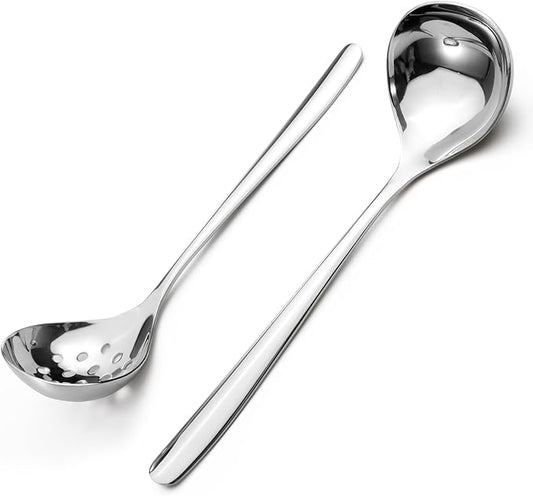 2Pcs Small Ladle and Slotted Spoon, Heavy Duty 304 Stainless Steel Gravy Ladle Mini Soup Ladles for Serving, Skimmer Strainer Spoon with Holes, Silver
