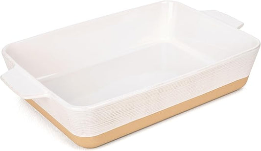 Dafuceramic Casserole Dish for Oven, 4.2 QT Baking Dish, 9x13 Large Porcelain Baking Pan, Durable Rectangular Lasagna Pan Deep with Handles, Microwave Oven Safe, Home Decor, Wedding Gift (Khaki & White) by Dafuceramic