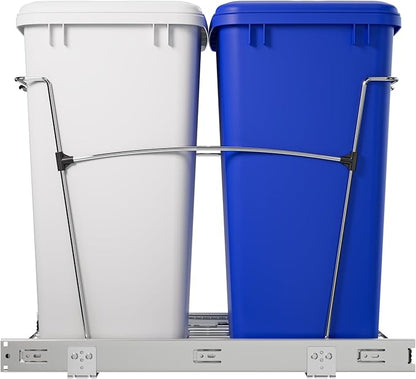 Rev-A-Shelf RV-18KD-11RC-S Double Pullout Trash Can for Kitchen Cabinets 35 Qt Garbage Recycling Bin on Full Extension Slide, Blue/White