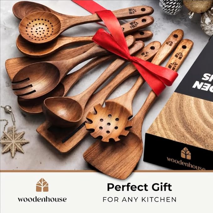 Wooden Spoons for Cooking – 10 Pcs Teak Wood Utensil Set, Durable, Nonstick Safe & Heat Resistant with Ergonomic Handles - Image 8