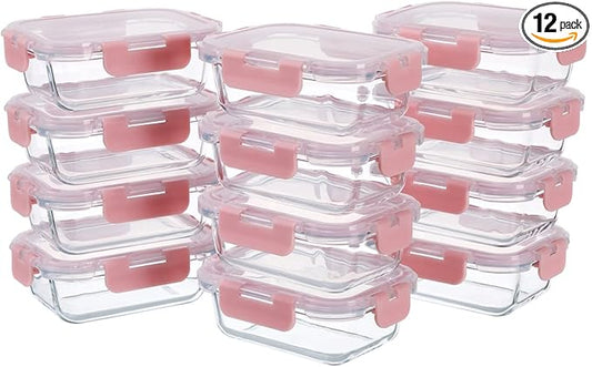 GULFLIN Small Glass Food Storage Containers 12 Pack-12oz Glass Containers with Lids for Meal Prep, Food Storage, Freezer to Microwave Safe, Air-Tight, Leak-Proof, Pink Set