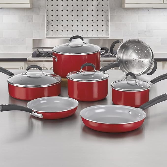 Cuisinart 54C-11R 11-Piece Ceramica XT Nonstick Cookware Set, Red/Stainless Steel - Image 4