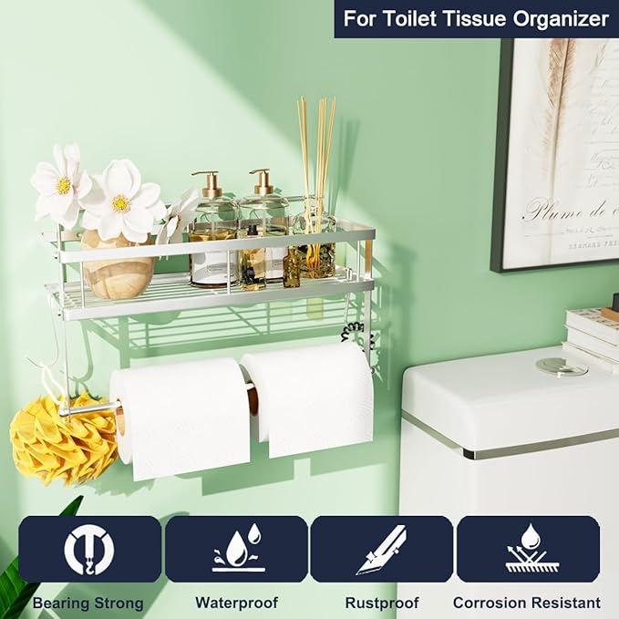 ESOW Paper Towel Holder with Shelf Storage, Adhesive Wall Mount 2-in-1 Basket Organizer for Kitchen & Bathroom, Durable Metal Wire Design, Stainless Steel 304 Brushed Nickel Finish - Image 3