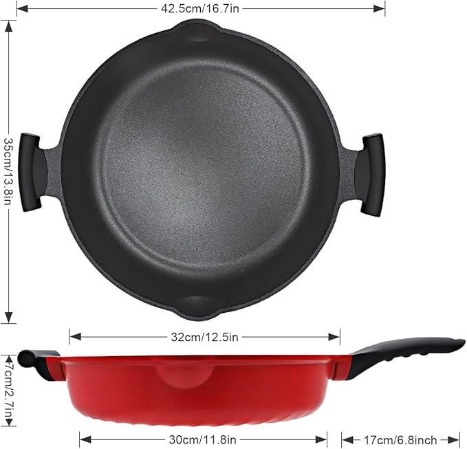 AIKENBBKK Frying Pan Skillet Nonstick with Lid, 14 Inch Large Deep Saute Pan, Big Induction Pan Non Stick, 2-1 Cooking Cookware with Helper Handle, Family Size, Suitable for All Stoves, PFOA-Free, Red - Image 2