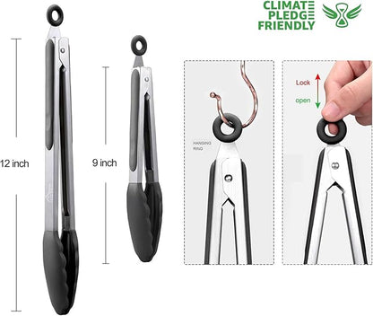 HOTEC Premium Stainless Steel Locking Kitchen Tongs with Silicon Tips, Set of 2-9" and 12" - Image 7