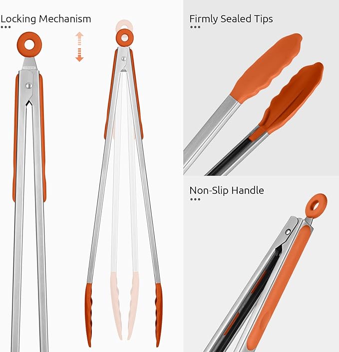 600ºF Heat Resistant Kitchen Tongs: U-Taste 16 inch Extra Long Large Silicone Cooking Tong with Sturdy Non Stick Rubber Tips & Non Slip Silicon Coated 18/8 Stainless Steel Handle for Grill BBQ(Orange) - Image 6