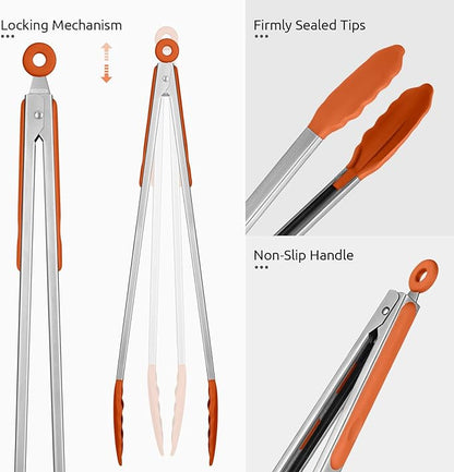 600ºF Heat Resistant Kitchen Tongs: U-Taste 16 inch Extra Long Large Silicone Cooking Tong with Sturdy Non Stick Rubber Tips & Non Slip Silicon Coated 18/8 Stainless Steel Handle for Grill BBQ(Orange) - Image 6