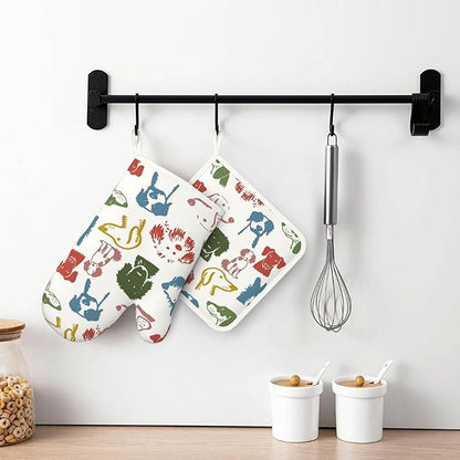 Cute Colorful Dog Puppy Silicone Oven Mitts Pan Mats Set of 2, Heat Resistant Gloves Potholder with Non-Slip Grips Hanging Loops Pot Holder, Spring Summer for Chef Cooking, Baking, Grilling, BBQ