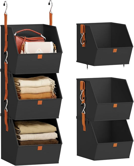 Homsorout Collapsible Hanging Closet Organizer - 3 Tier Closet Shelves Storage System with Hooks, Fabric Hanging Storage Bins for Clothes, Foldable Storage Basket for Laundry, Bedroom, Rv, Black