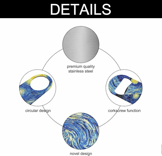 Starry Night Stainless Steel Bottle Opener Van Gogh Oil Panting Art Classic Vivid Star Cloud Universe Creative Flat Beer Bottle Opener Keychain for Home Kitchen Bar Restaurant Party Gift