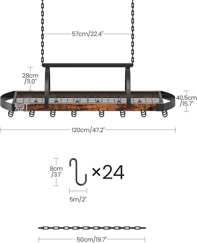 CHOEZON Hanging Pot Rack, Pot Hanger for Kitchen, Ceiling Mounted Pot Holder, Cookware Organizer with 24 S-Shaped Hooks, for Pot, Pan Storage, Space-Saving, Rustic Brown and Black TPR28BF - Image 4